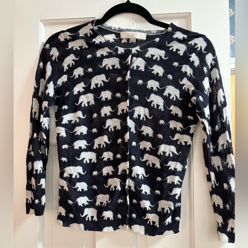 LOFT Navy and White Polar Bear lightweight cardigan